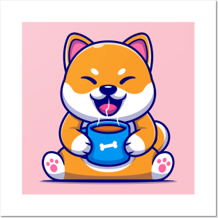 Cute Shiba Inu Dog Holding Hot Coffee Cup Cartoon Posters and Art